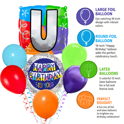 Customizable Alphabet "U" Square Shaped Balloon with Customized Name Stickers Bouquet Set of 7PC | Customizable Name Inital Balloons| Choose Your Name