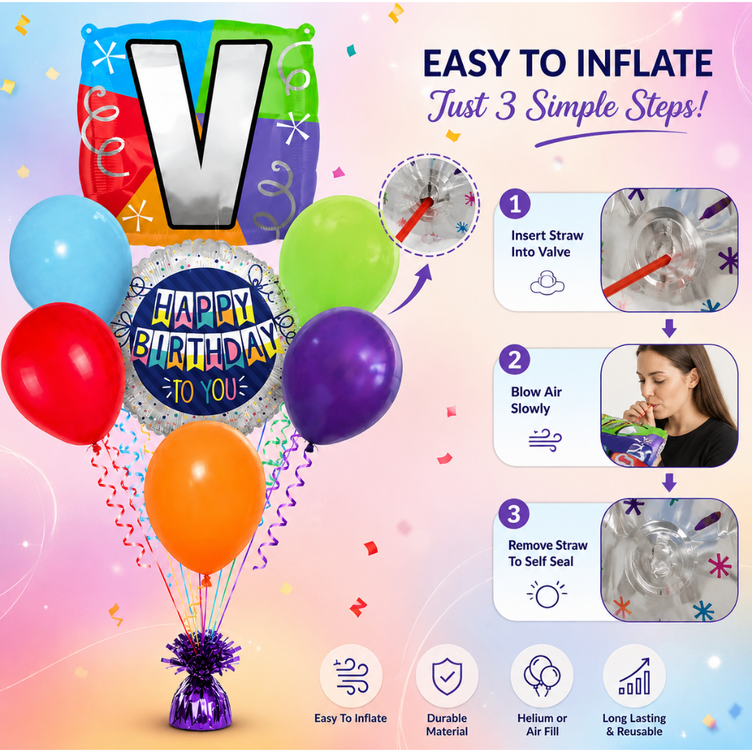 Customizable Alphabet "V" Square Shaped Balloon with Customized Name Stickers Bouquet Set of 7PC | Customizable Name Inital Balloons| Choose Your Name