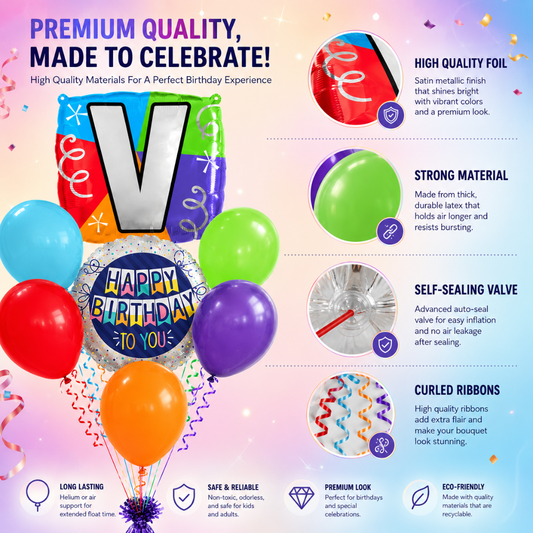 Customizable Alphabet "V" Square Shaped Balloon with Customized Name Stickers Bouquet Set of 7PC | Customizable Name Inital Balloons| Choose Your Name