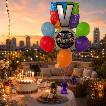 Customizable Alphabet "V" Square Shaped Balloon with Customized Name Stickers Bouquet Set of 7PC | Customizable Name Inital Balloons| Choose Your Name