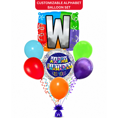 Customizable Alphabet "W" Square Shaped Balloon with Customized Name Stickers Bouquet Set of 7PC | Customizable Name Inital Balloons| Choose Your Name