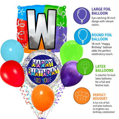 Customizable Alphabet "W" Square Shaped Balloon with Customized Name Stickers Bouquet Set of 7PC | Customizable Name Inital Balloons| Choose Your Name