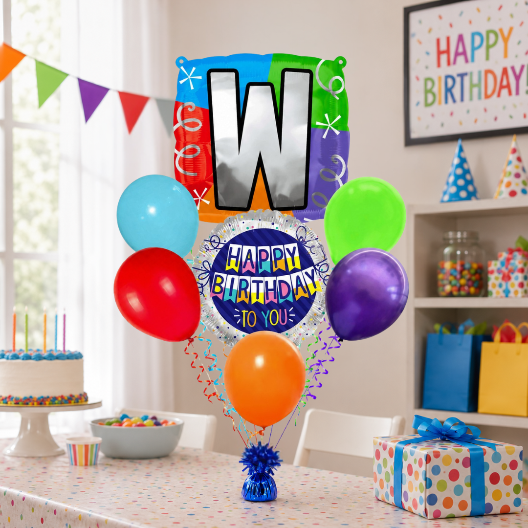 Customizable Alphabet "W" Square Shaped Balloon with Customized Name Stickers Bouquet Set of 7PC | Customizable Name Inital Balloons| Choose Your Name