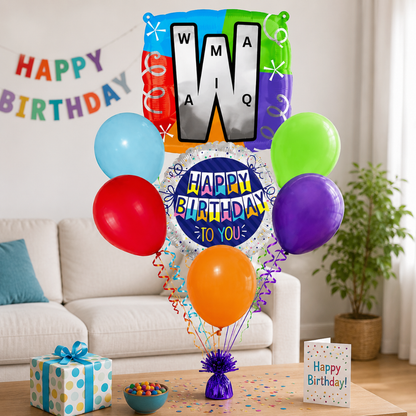 Customizable Alphabet "W" Square Shaped Balloon with Customized Name Stickers Bouquet Set of 7PC | Customizable Name Inital Balloons| Choose Your Name