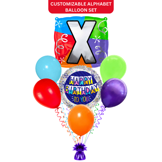 Customizable Alphabet "X" Square Shaped Balloon with Customized Name Stickers Bouquet Set of 7PC | Customizable Name Inital Balloons| Choose Your Name