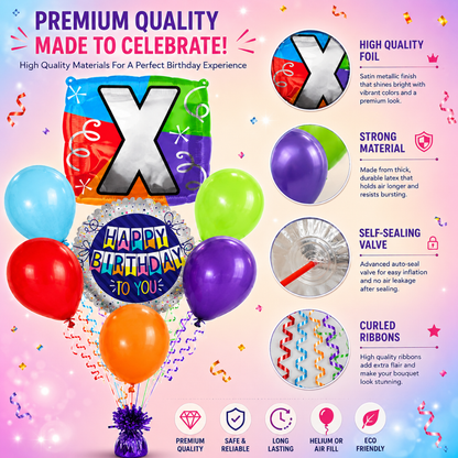 Customizable Alphabet "X" Square Shaped Balloon with Customized Name Stickers Bouquet Set of 7PC | Customizable Name Inital Balloons| Choose Your Name