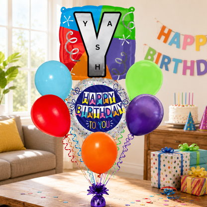 Customizable Alphabet "Y" Square Shaped Balloon with Customized Name Stickers Bouquet Set of 7PC | Customizable Name Inital Balloons| Choose Your Name