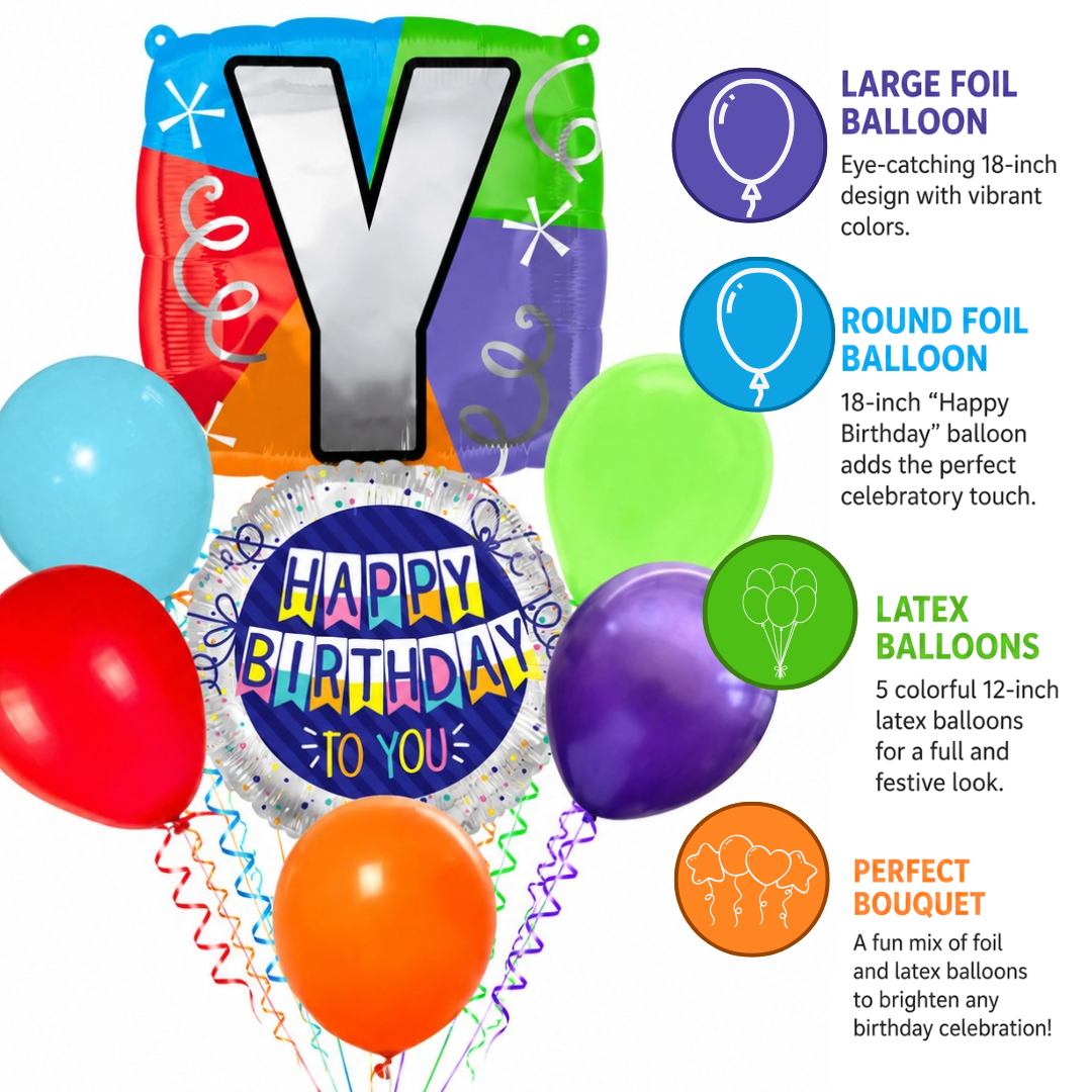 Customizable Alphabet "Y" Square Shaped Balloon with Customized Name Stickers Bouquet Set of 7PC | Customizable Name Inital Balloons| Choose Your Name