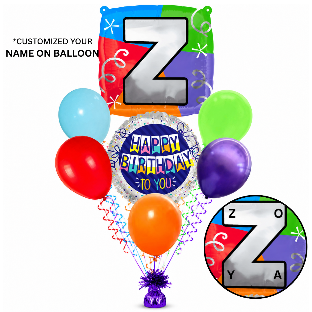 Customizable Alphabet "Z" Square Shaped Balloon with Customized Name Stickers Bouquet Set of 7PC | Customizable Name Inital Balloons| Choose Your Name