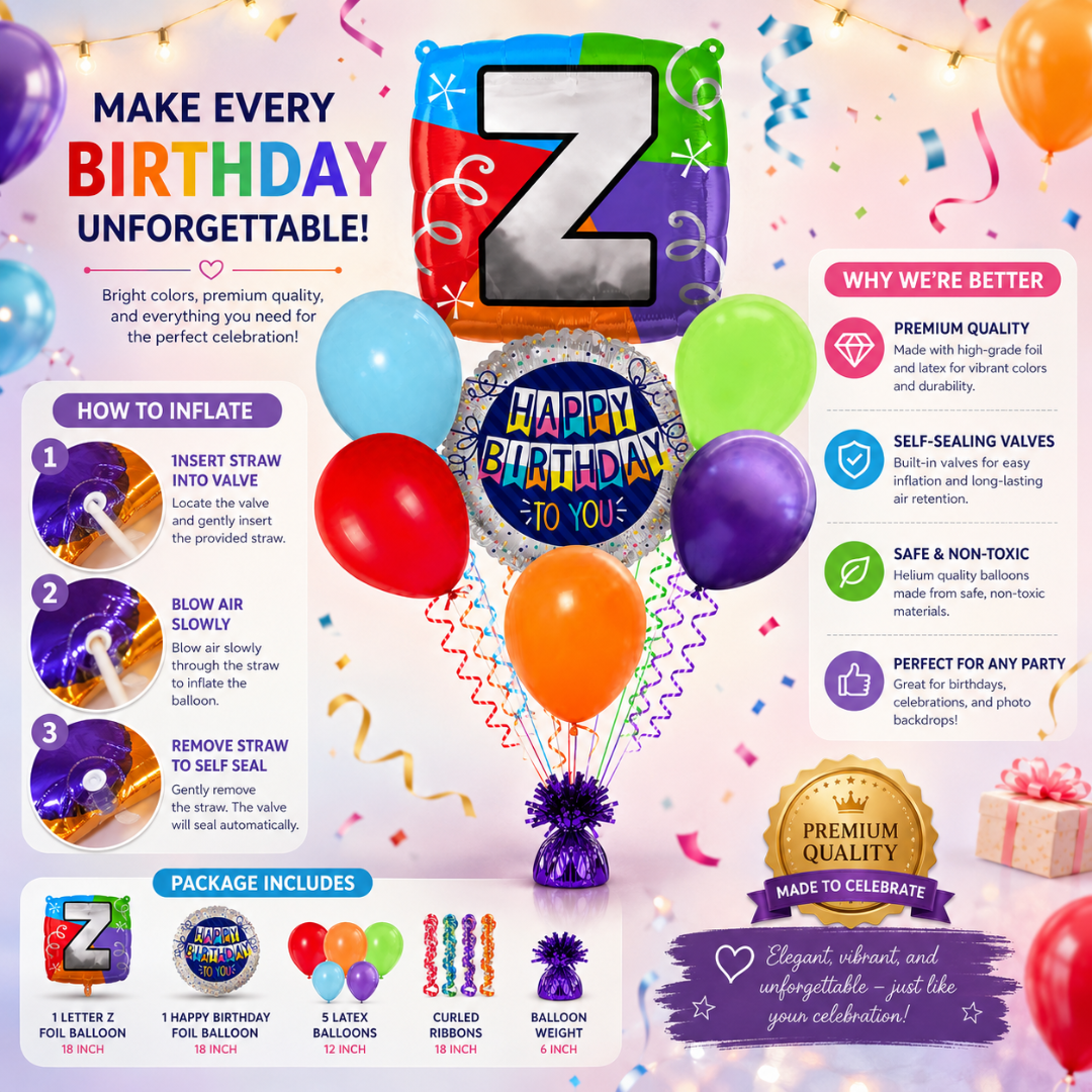 Customizable Alphabet "Z" Square Shaped Balloon with Customized Name Stickers Bouquet Set of 7PC | Customizable Name Inital Balloons| Choose Your Name