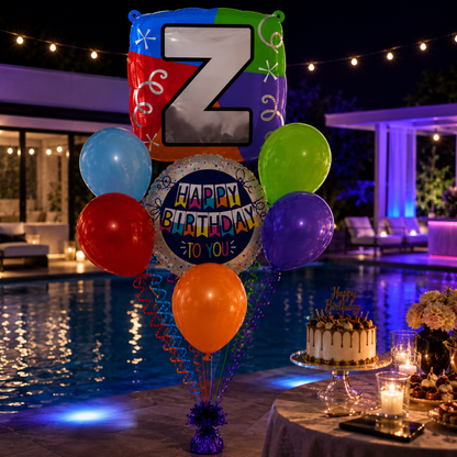 Customizable Alphabet "Z" Square Shaped Balloon with Customized Name Stickers Bouquet Set of 7PC | Customizable Name Inital Balloons| Choose Your Name