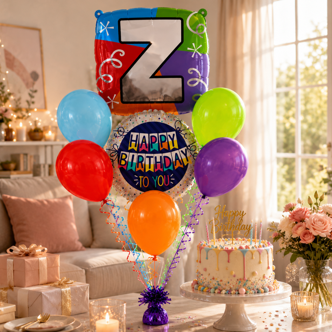 Customizable Alphabet "Z" Square Shaped Balloon with Customized Name Stickers Bouquet Set of 7PC | Customizable Name Inital Balloons| Choose Your Name