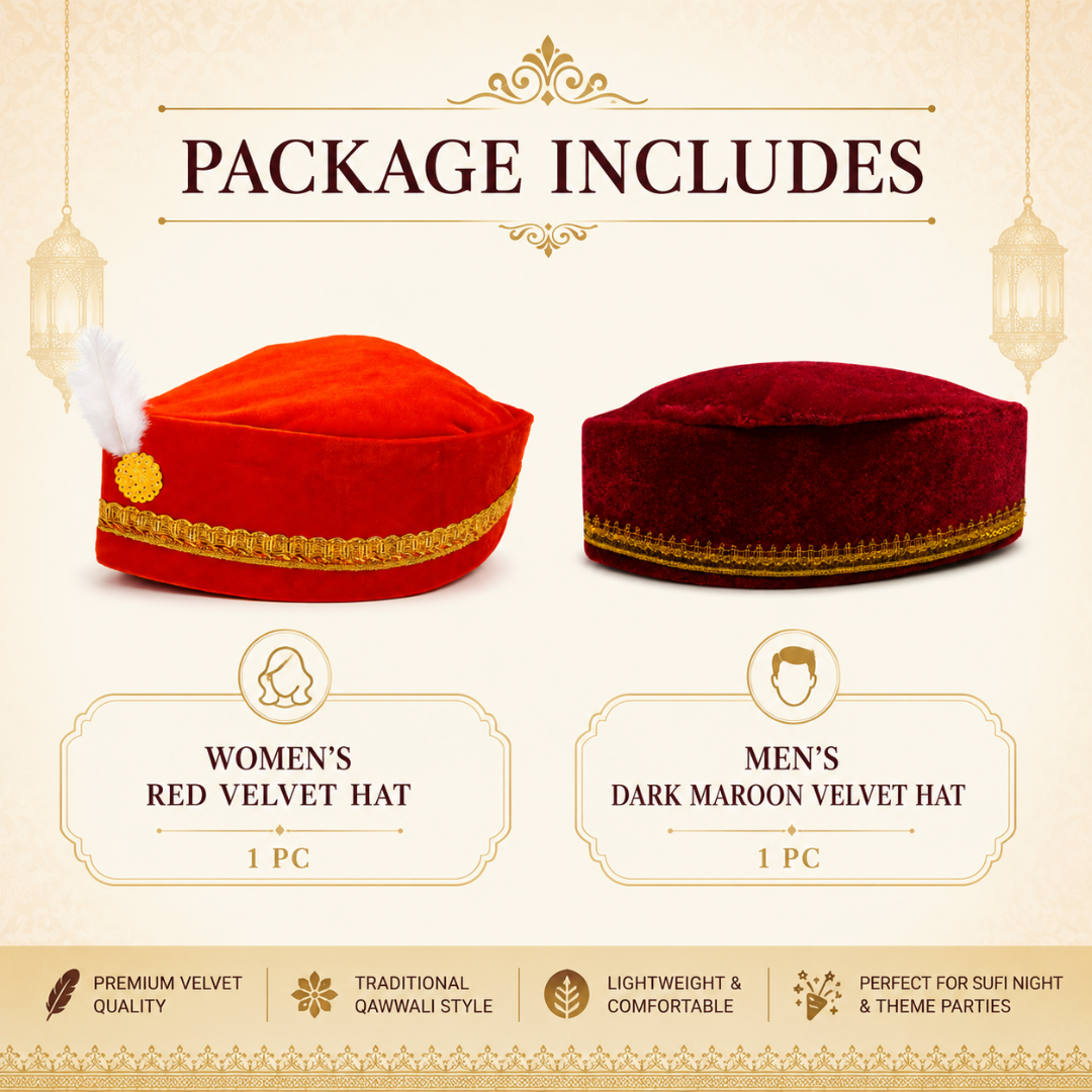 Qawwali Couple Hats Set, 2 Pcs | Moroccan Sufi Night Party Hats for Men & Women