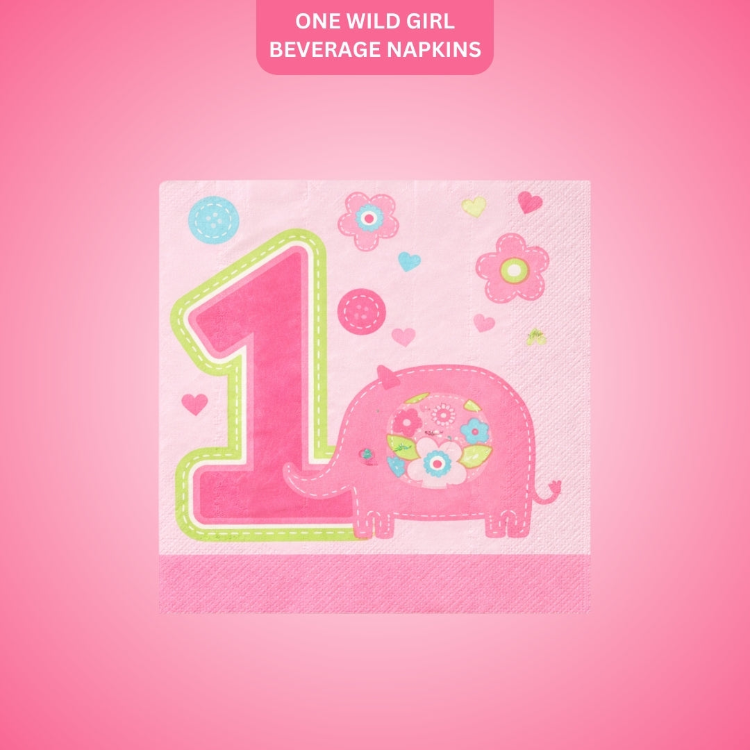 One Wild Girl Beverage Napkins - 1st Birthday Party Supplies - 16 Pc