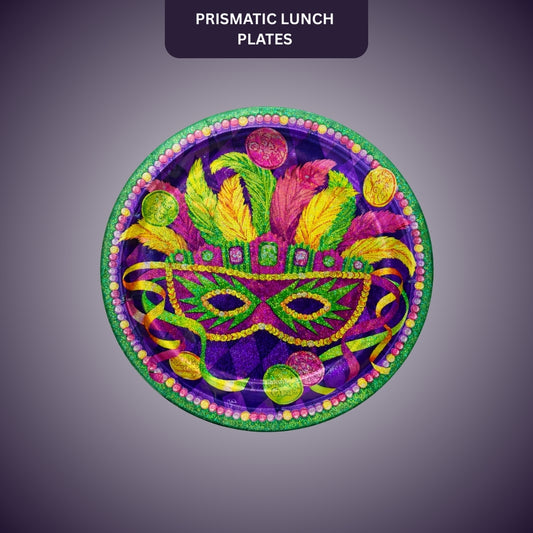 Masquerade Party Prismatic Lunch Plates 9 Inch - Mardi Gras Theme Paper Plates - 8 Pc