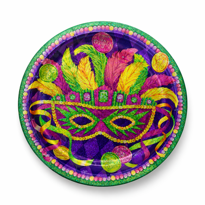 Masquerade Party Prismatic Lunch Plates 9 Inch - Mardi Gras Theme Paper Plates - 8 Pc