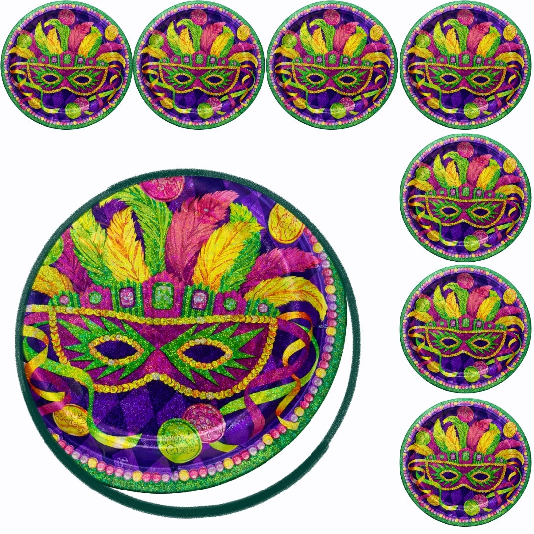 Masquerade Party Prismatic Lunch Plates 9 Inch - Mardi Gras Theme Paper Plates - 8 Pc
