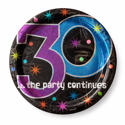 30th Birthday Lunch Plates - The Party Continues Prismatic Paper Plates - 8 Pc