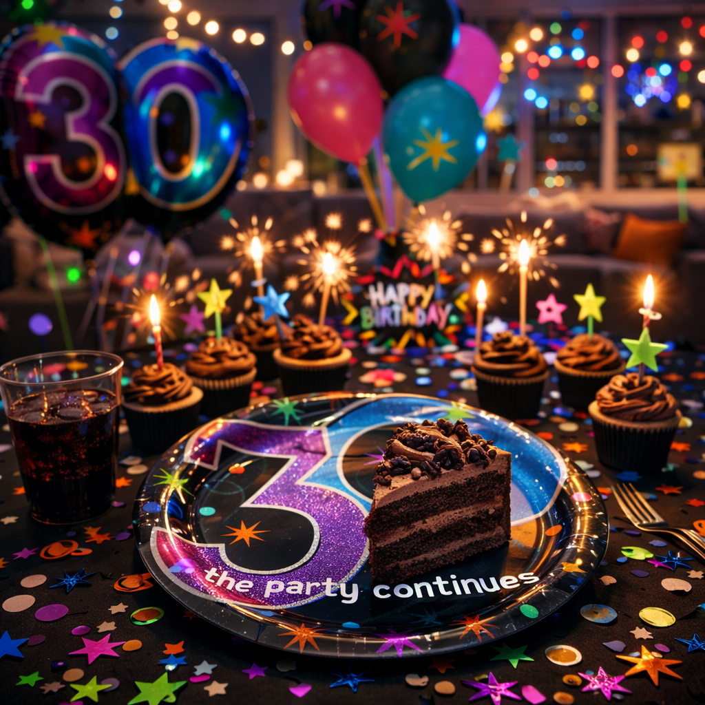 30th Birthday Lunch Plates - The Party Continues Prismatic Paper Plates - 8 Pc