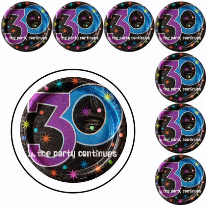 30th Birthday Lunch Plates - The Party Continues Prismatic Paper Plates - 8 Pc