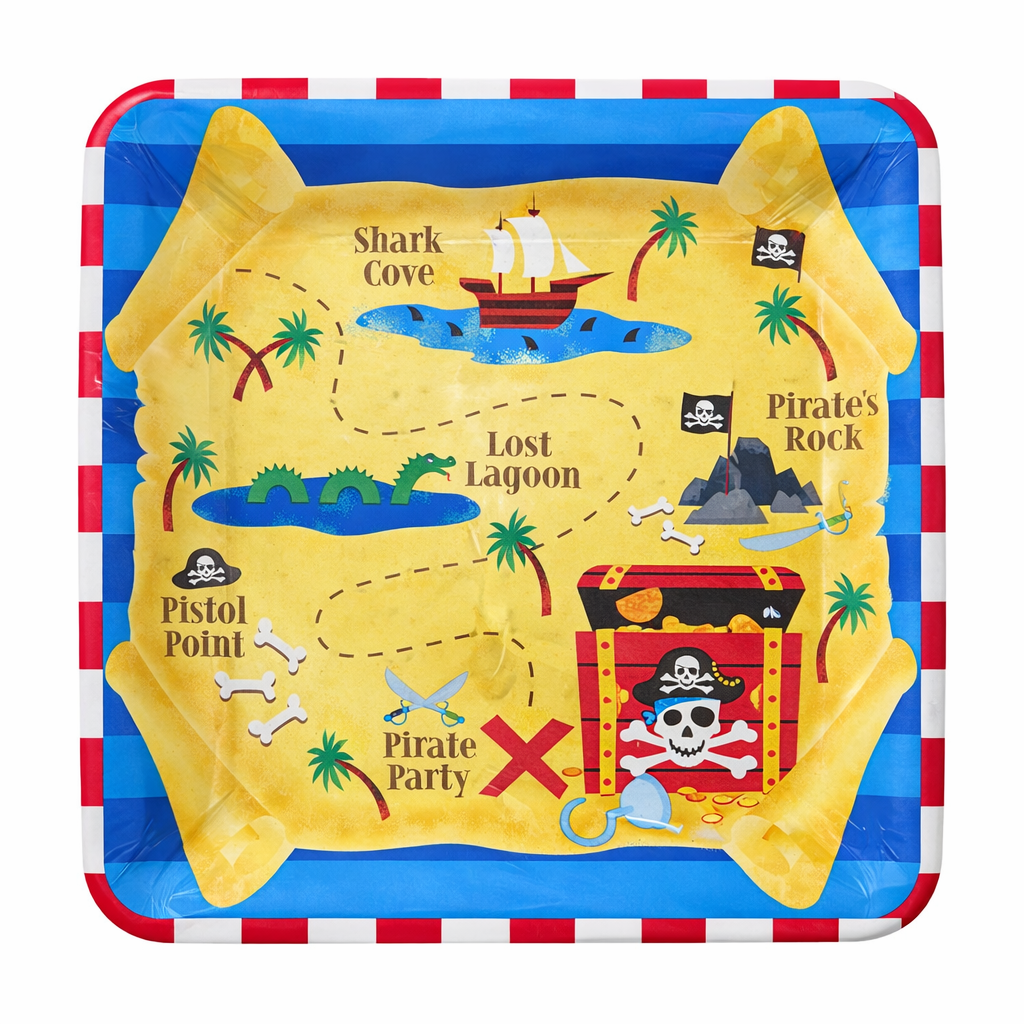 Pirate Party Square Paper Plates 10 Inch - Pirate Theme Birthday Party Tableware - 8 Pc