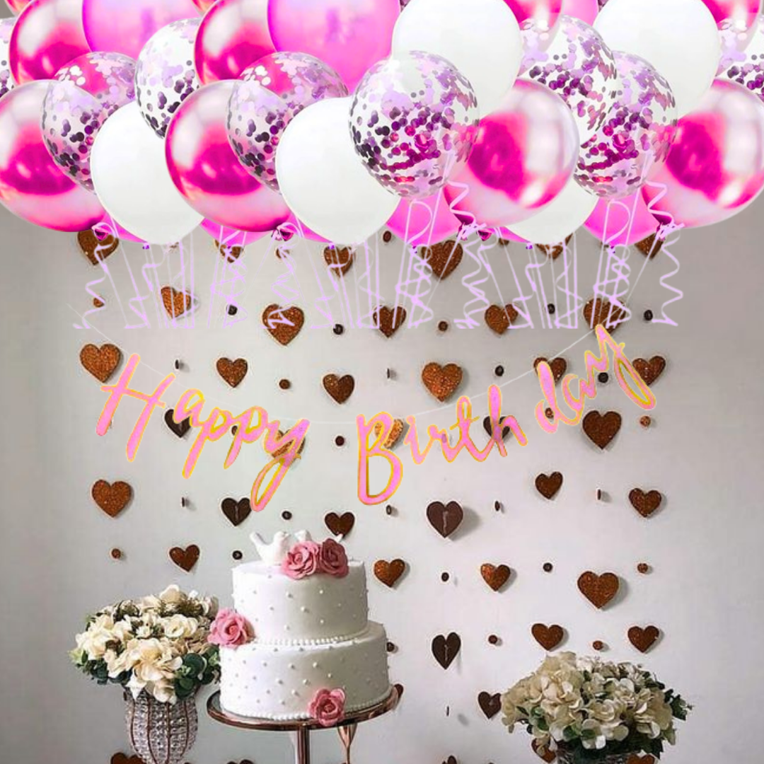 Hot Pink Happy Birthday Cursive Banner w/ White & Pink Confetti Balloons and Wall Hooks Birthday Combo - Set of  13PC
