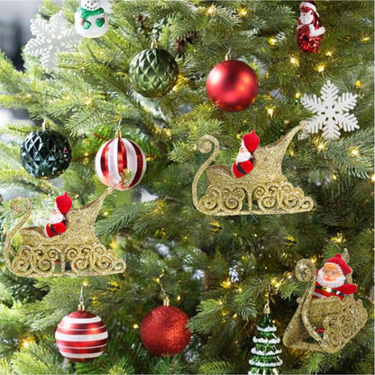 Small Santa on Golden Shimmery Sledge for Christmas Tree Decor - 1PC