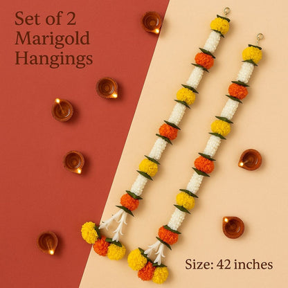 Artificial Orange & Yellow Marigold Flower with White Mogra and Folded Mango Leaves - 2PC