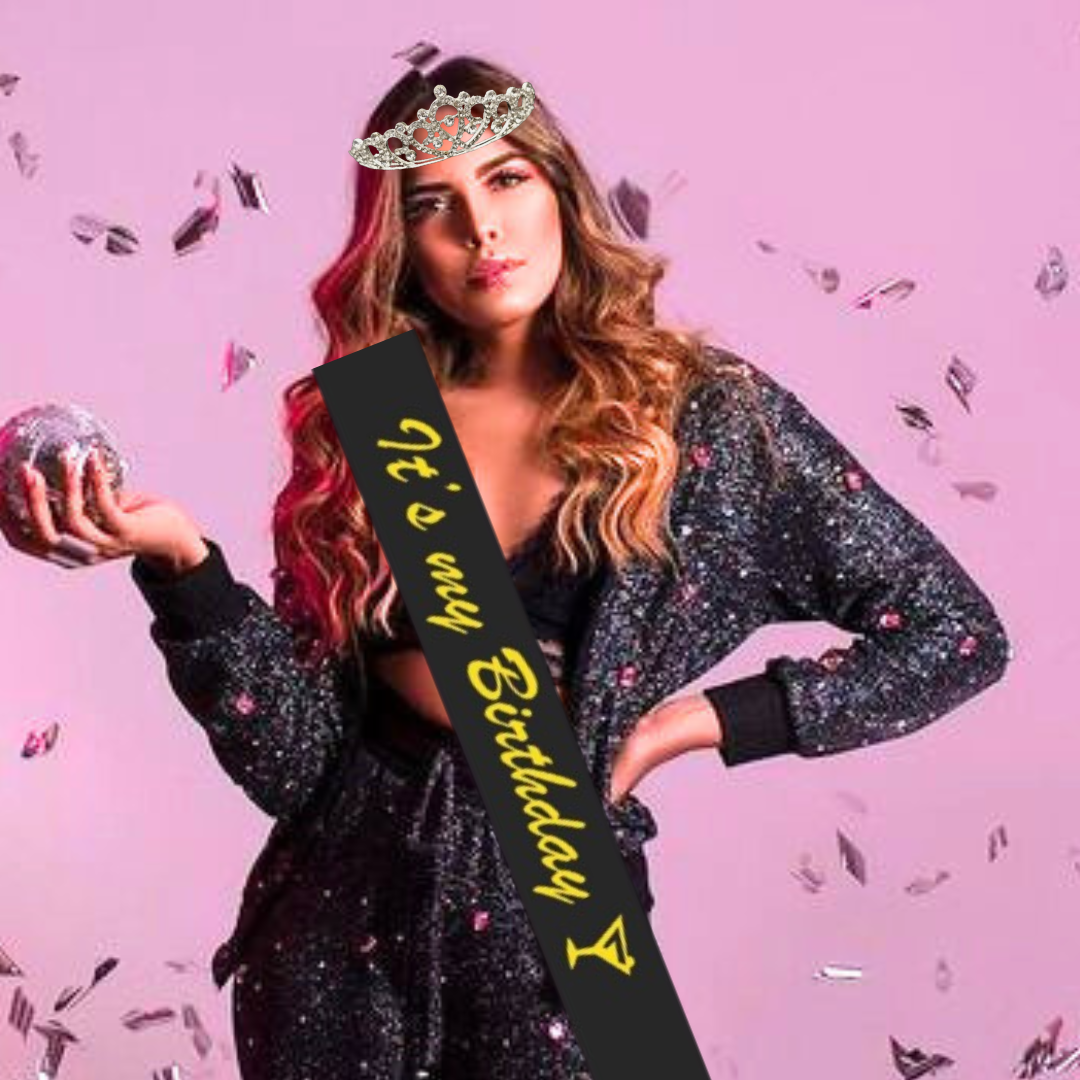 Its My Birthday Black Sash & Crown w/ Rhinestone Combo - 2PC