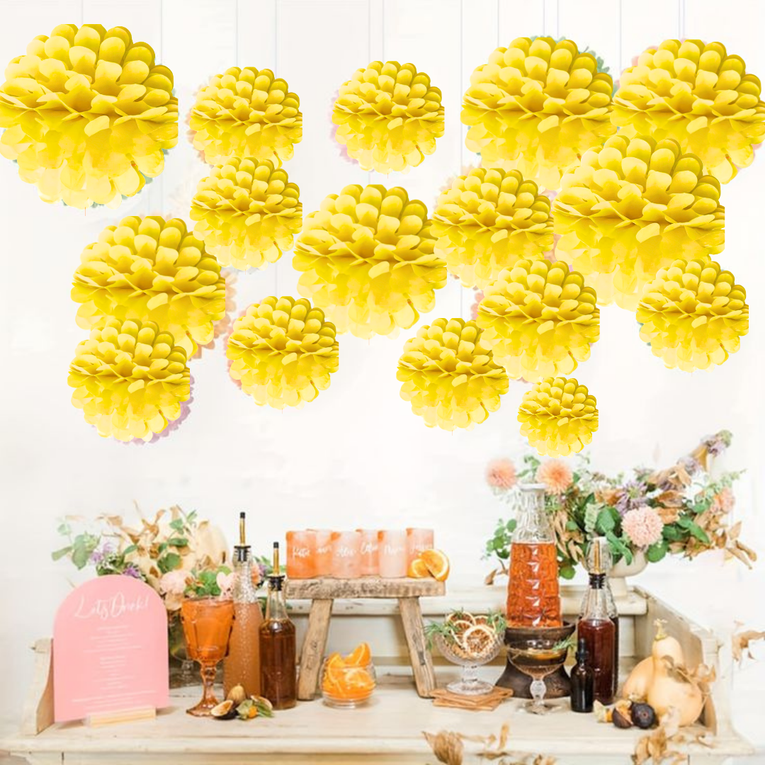 "Yellow Paper Pom Pom Hangings For Wall Decor -10 Inch -  5PC