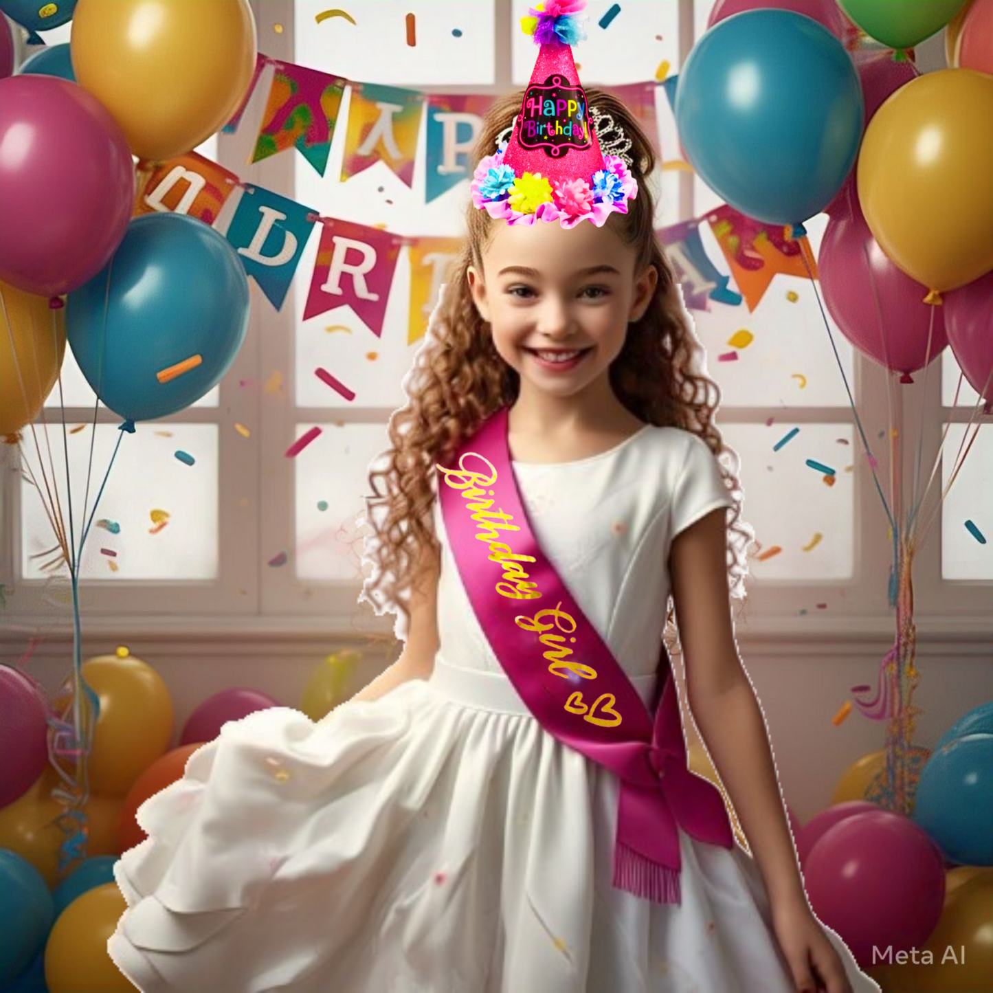 Pink Happy Birthday Floral Conical Hat & Sash Combo for Girls  - Set of 2