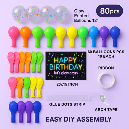 Neon Happy Birthday Banner with Glow in the Dark Balloon Arch Decoration Kit - 80PC