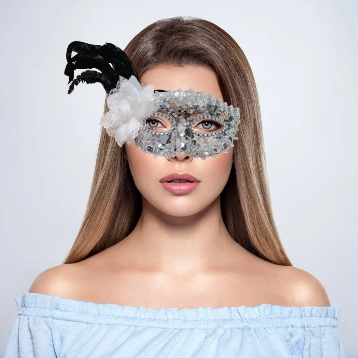 Silver Sequin Eye Mask with White Flower