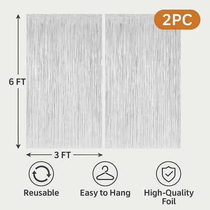 2Pcs Textured Shiny Silver Foil Curtain For Decoration – 3.28 x 6.56 FT