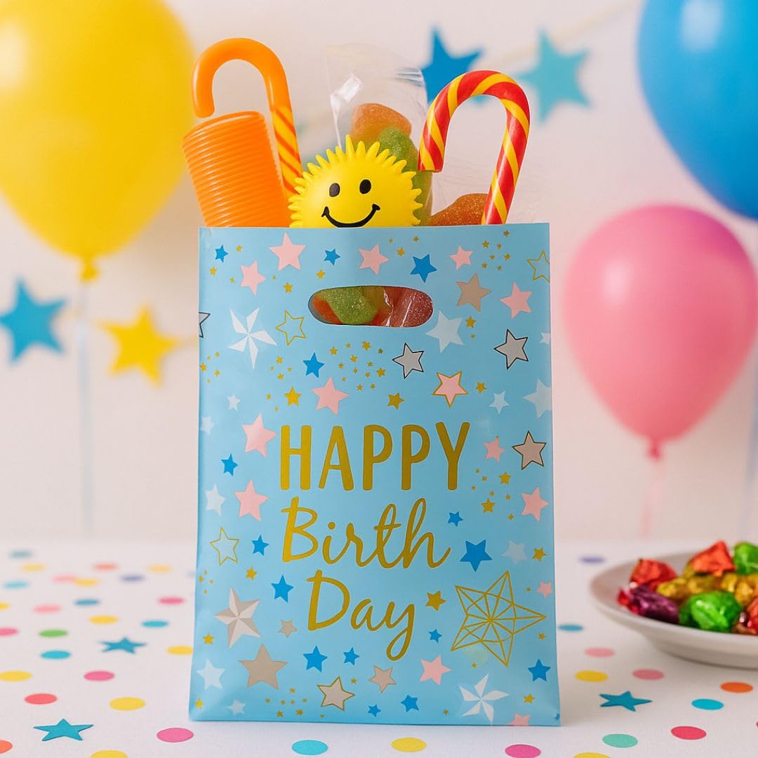 Happy Birthday Stary Affairs Aluminium Film Blue Loot Bags Pack of 20
