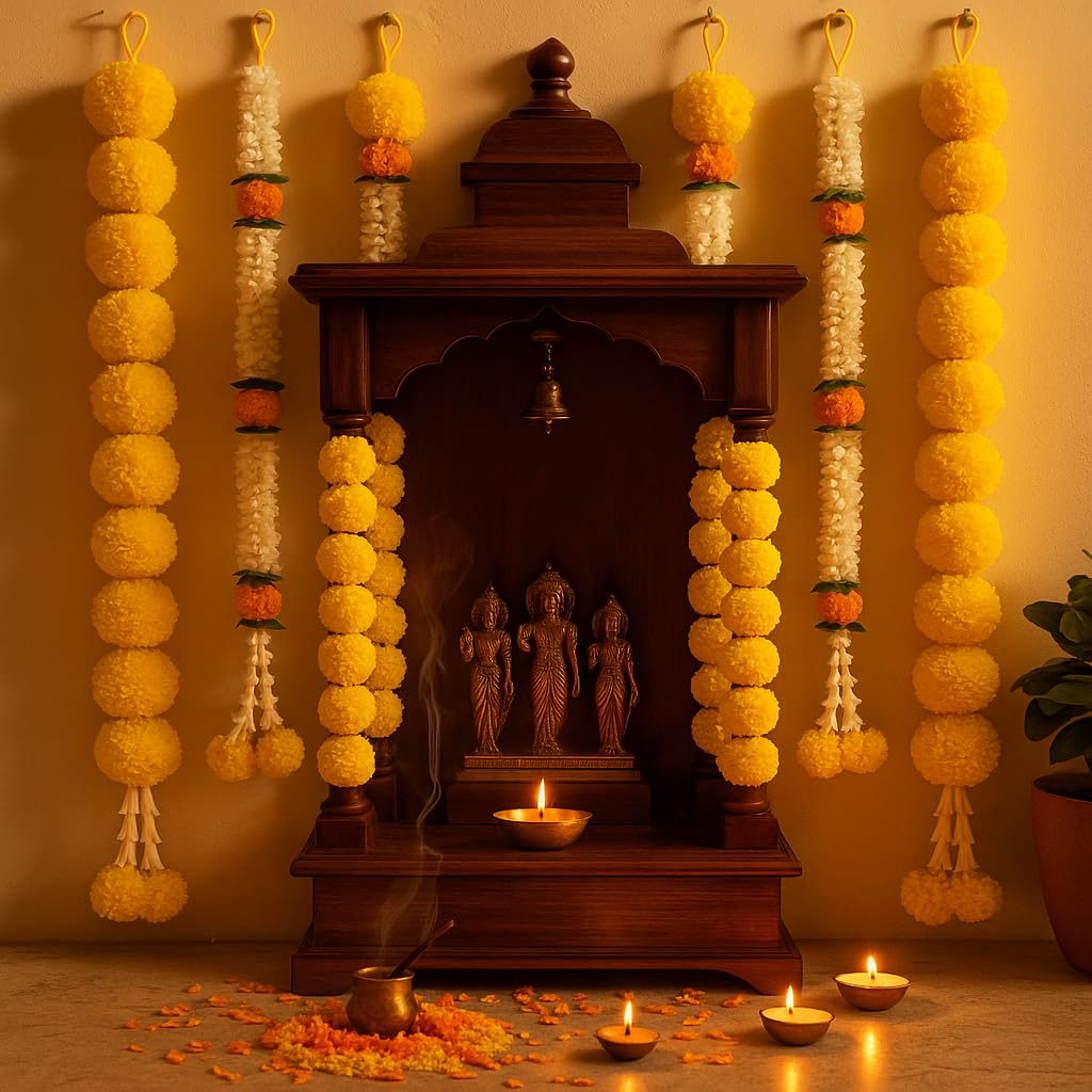 Atrtificial Yellow Marigold and White Mogra Garlands Hanging Backdrop Decorations Set of 7