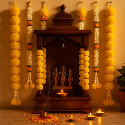 Atrtificial Yellow Marigold and White Mogra Garlands Hanging Backdrop Decorations Set of 7