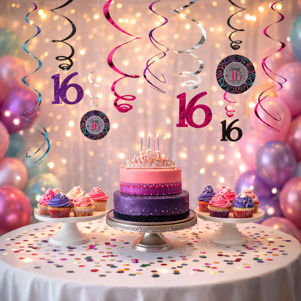 Sweet 16 Swirl Decorations - Hanging Ceiling Swirls for 16th Birthday Party - 12 Pc