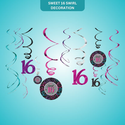 Sweet 16 Swirl Decorations - Hanging Ceiling Swirls for 16th Birthday Party - 12 Pc