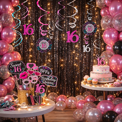 Sweet 16 Swirl Decorations - Hanging Ceiling Swirls for 16th Birthday Party - 12 Pc