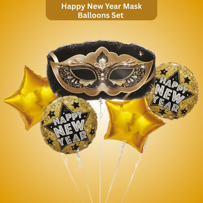 Happy New Year Mask Foil Balloon - Set Of 5