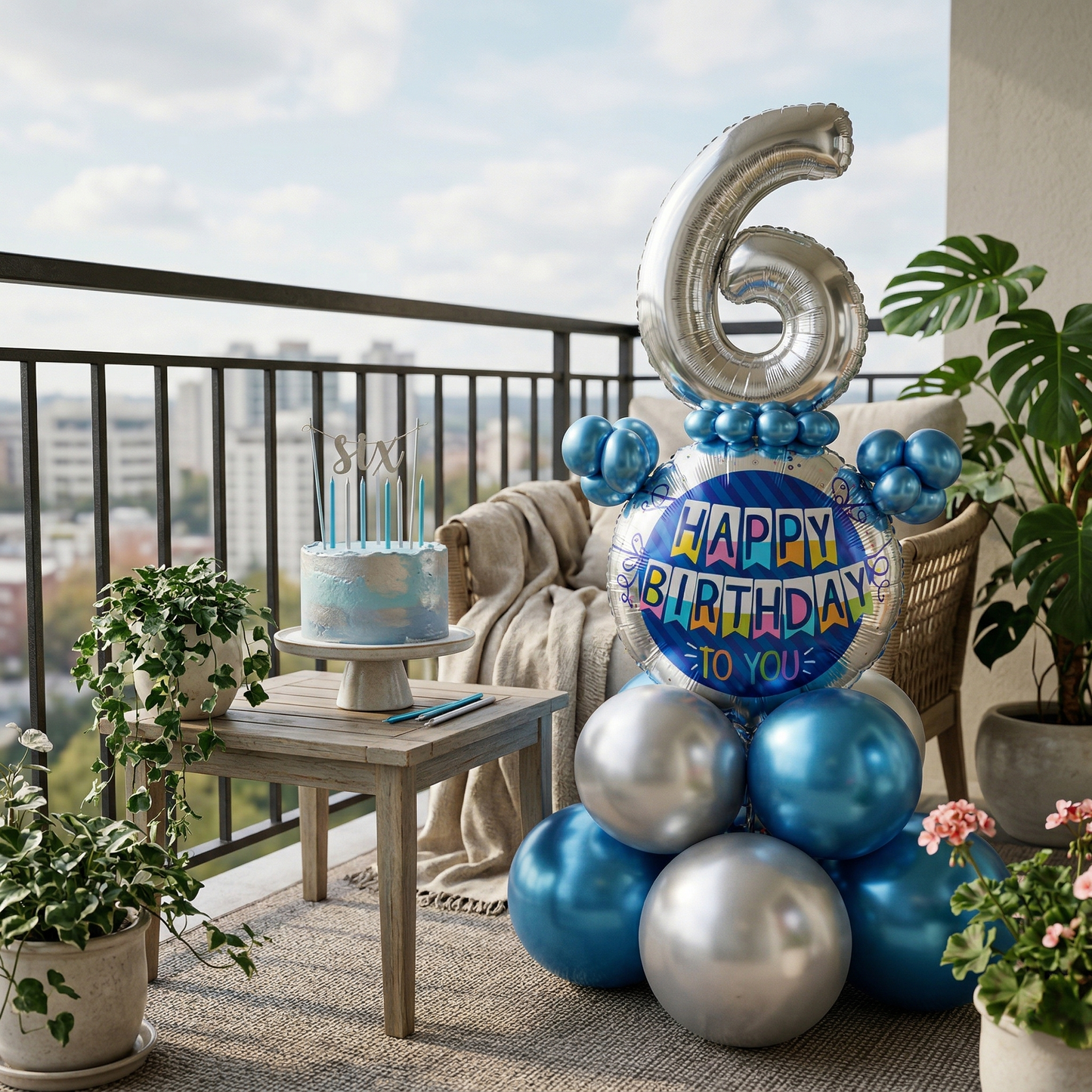 Designer Blue & Silver Balloon Bouquet Arrangement for 6th Birthday