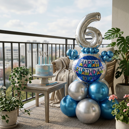 Designer Blue & Silver Balloon Bouquet Arrangement for 6th Birthday