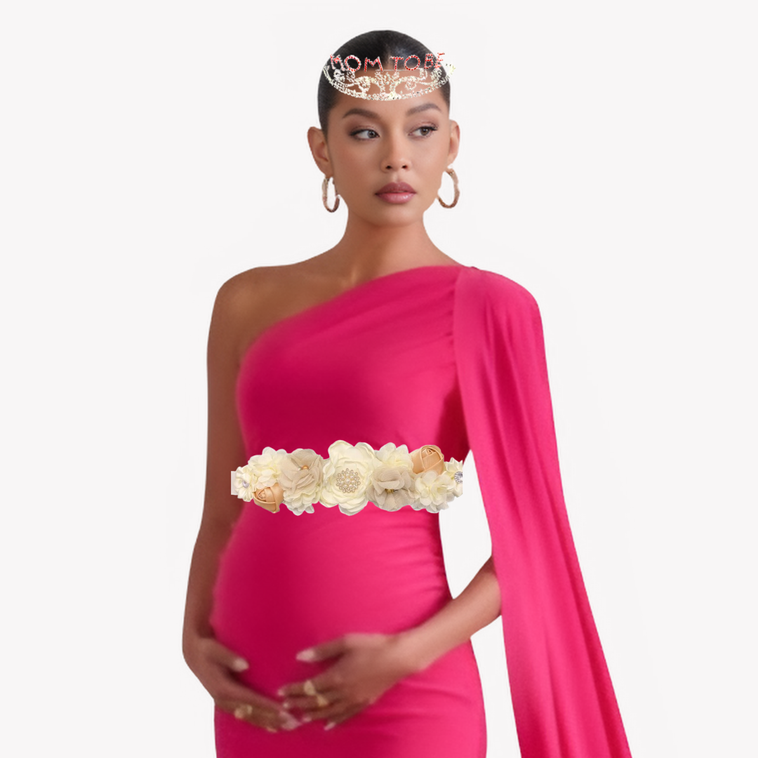 Mom To Be Crown with Pink & Silver Rhinestone and Floral Waistband Combo - Set of 2PC