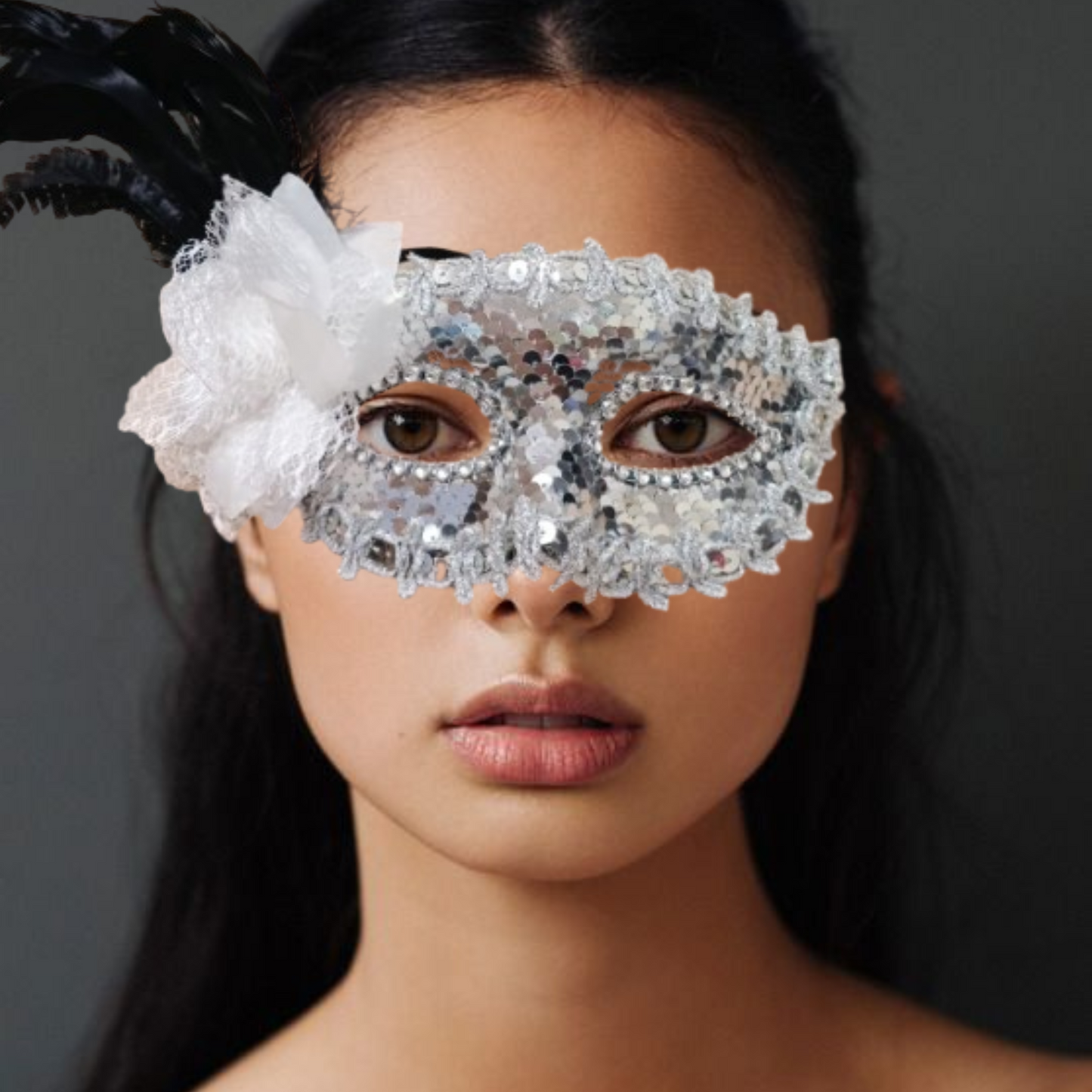 Silver Sequin Eye Mask with White Flower