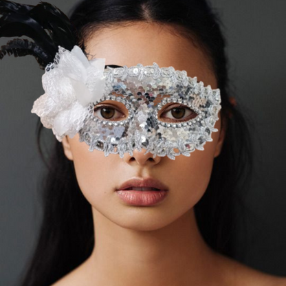 Silver Sequin Eye Mask with White Flower