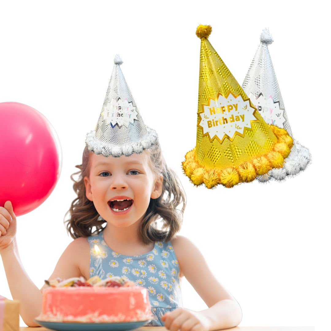 Happy Birthday Party Hats w/ Shiny Checkered Print & Pom Pom - 2PC