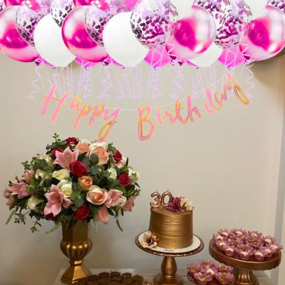 Hot Pink Happy Birthday Cursive Banner w/ White & Pink Confetti Balloons and Wall Hooks Birthday Combo - Set of  13PC