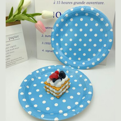 Blue Round Party Paper Plate w/ White Polka Dot - 10PC