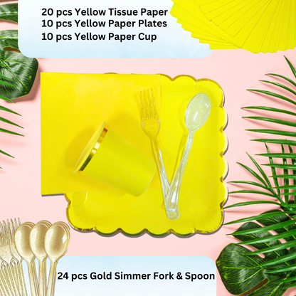 Yellow Party Tableware Combo with Plates, Tissues, Cups, Spoons and Forks - 64PC - Serves Upto 10 Pax